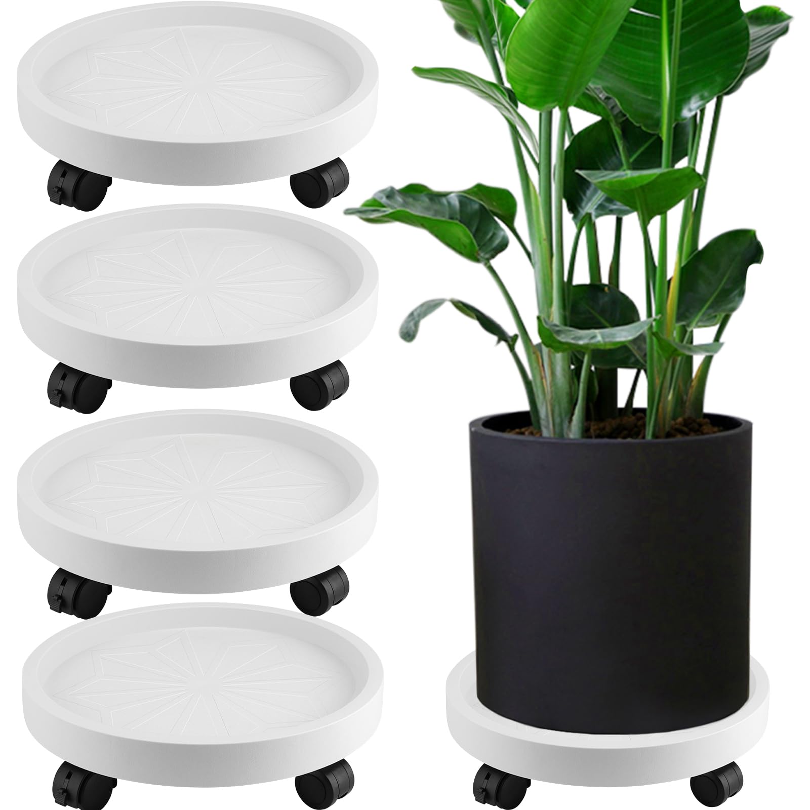JOIKIT Lot de 4 paniers ronds de 33 cm avec 4 roues, capacité de 59,9 kg, support à roulettes pour pot de fleurs d'intérieur et d'extérieur, blanc