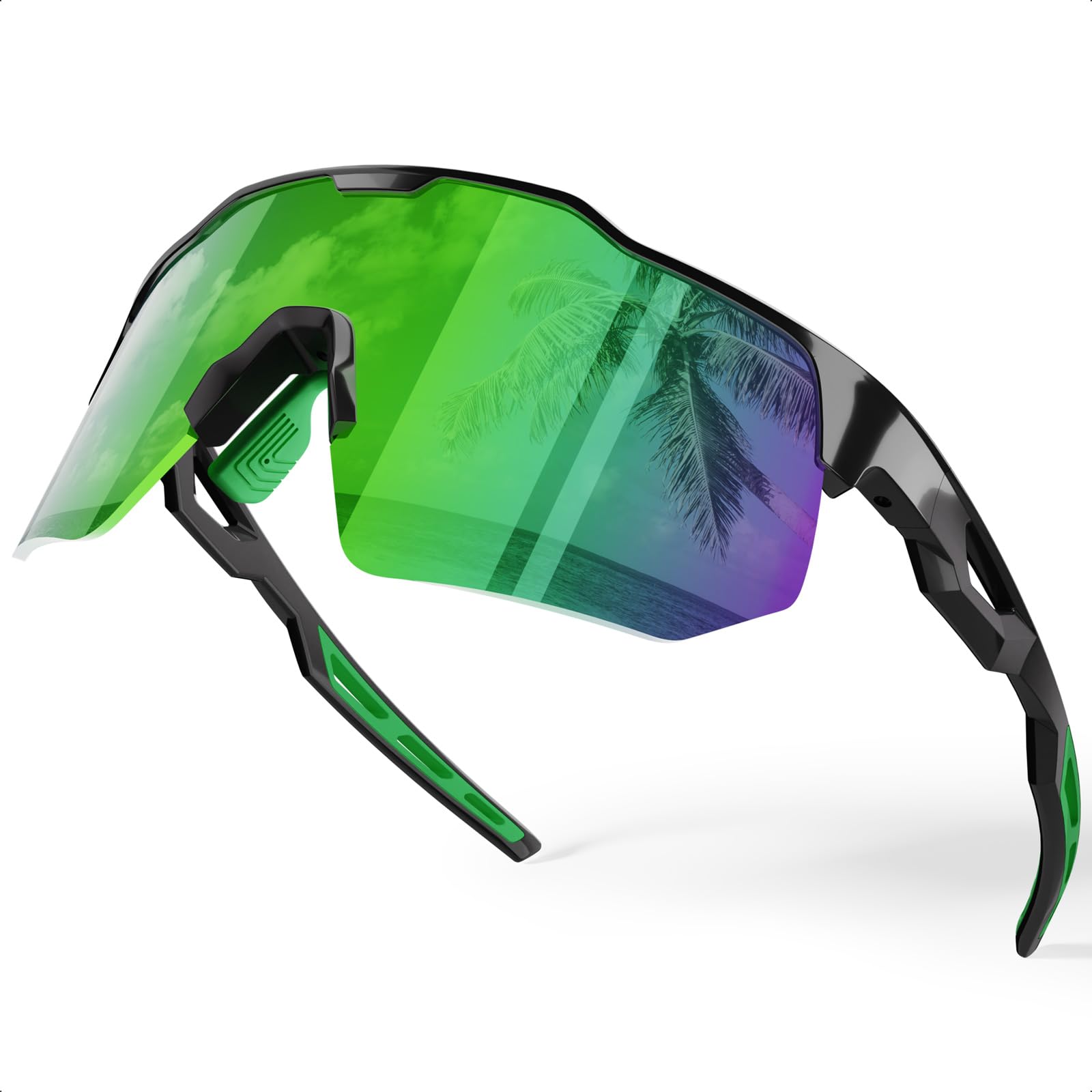 HAAYOT Occhiali da sole sportivi polarizzati per uomo e donna, protezione UV, baseball, ciclismo, corsa, guida, pesca, colore nero e verde