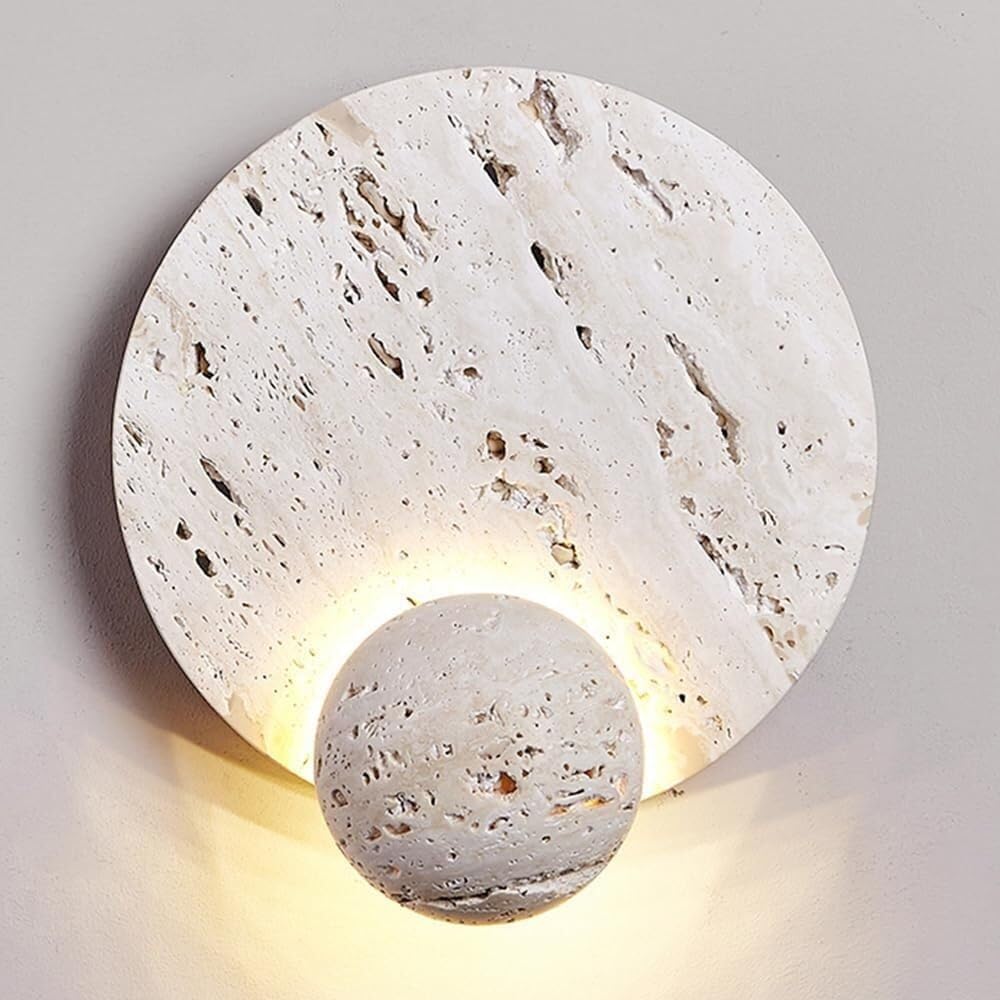 NHPJFDC Modern Natural Travertine Stone Wall Sconce 3 Color Temperature Adjustable LED Moon Planet Design Wall Lamp for Bedroom Bedside Living Room Hallway Minimalist Home Decor 9 Inch