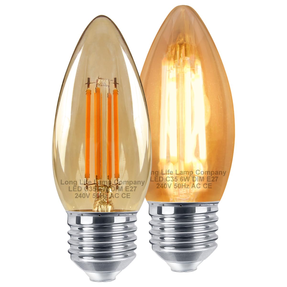 Long Life Lamp Company 6w Dimmable LED Candle E27 Filament Light Bulb Edison Screw Amber Glass 2 Pack