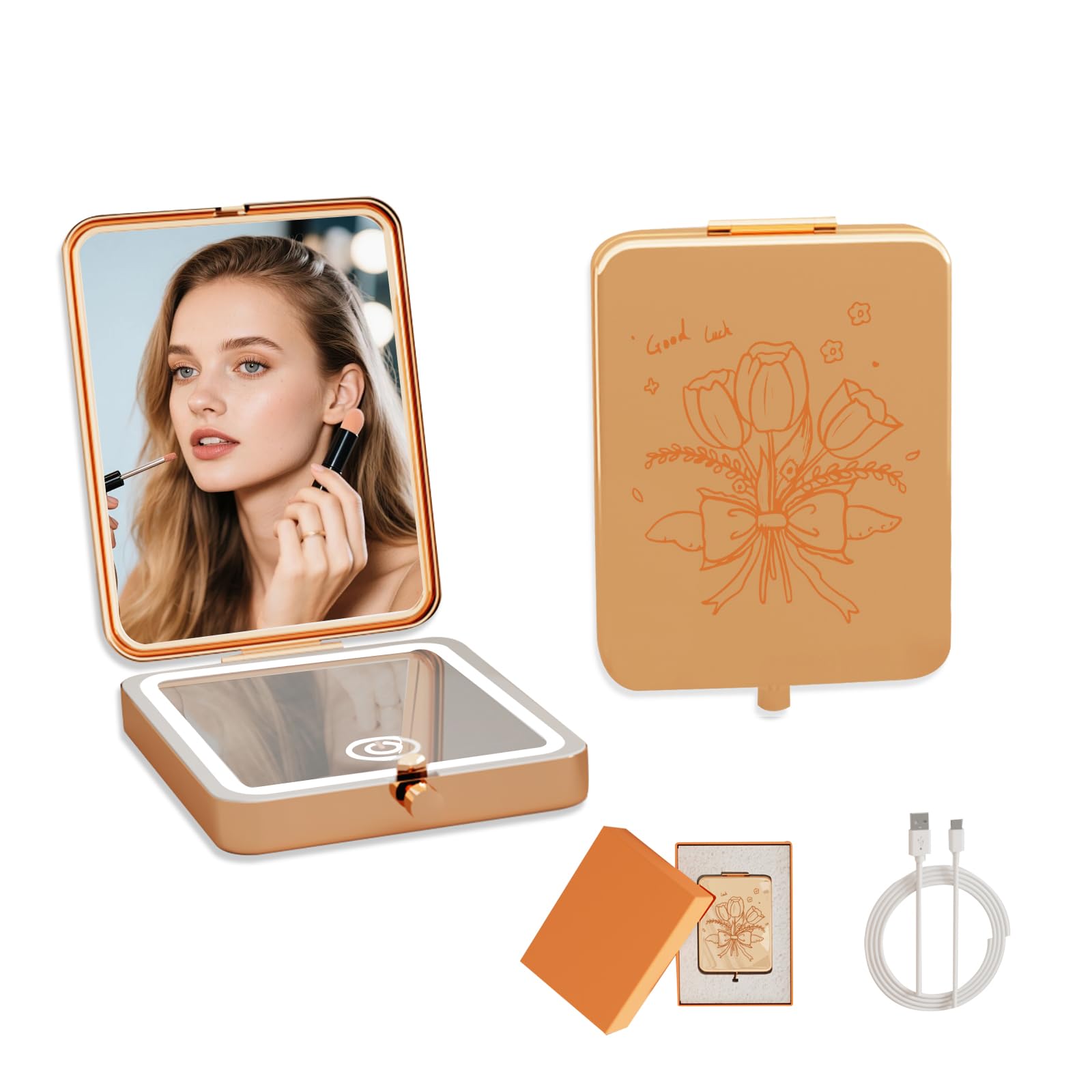 Rechargeable Compact LED Makeup Mirror with 3X Magnification, 3 Light Modes, Tulip Engraved Foldable Travel Mirror for Purse, Portable 2-Sided Vanity Mirror for Women Gift（Tulip）