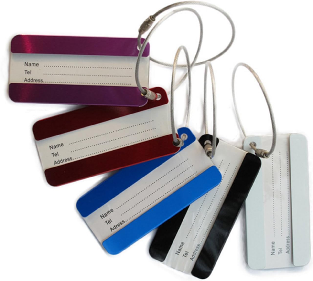 MYWHITENG Aluminium Alloy Luggage Tags Set of 5 | Luggage Identifier | Suitcase Tags | Handbag Tags | with Address Card, Stainless Steel Cable | Travel Accessories