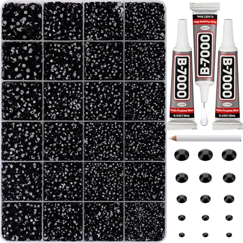 33000Pcs Black Rhinestones for Bedazzling Different Size 2 3 4 5 6mm Flatback Gems Bedazzler Kit with B7000 Glue Resin Flat Back Crystal Diamond Gemstone Rhine Stone Jewel for Crafting Clothing