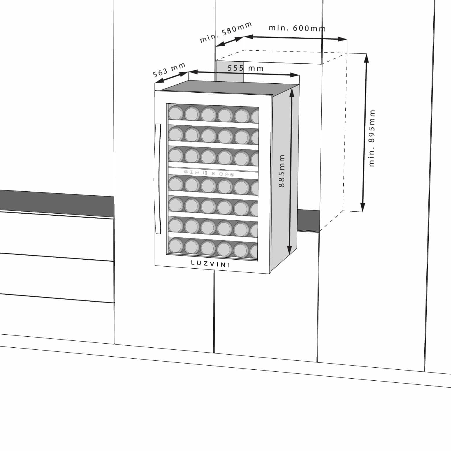 LV42W Weißer Einbau-Weinkühlschrank - Weinklimaschrank mit 2 Zonen, Vollglas-Designtür, 42 Flaschen, einstellbare Zonen von 5-20°C, Kompressorkühlung, 41dB, RVS-Handgriff