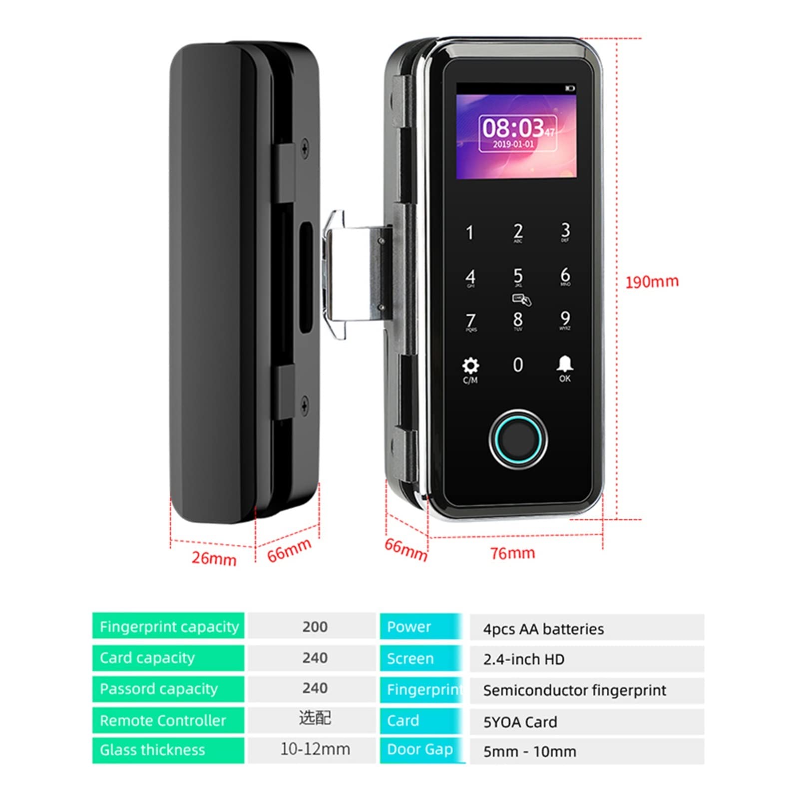 Serratura Smart, Serratura della porta dell'impronta digitale for vetro Porta in metallo in legno Nessuna casa intelligente limitata Controllo APP WeChat Porta scorrevole Tastiera intelligente Apripor