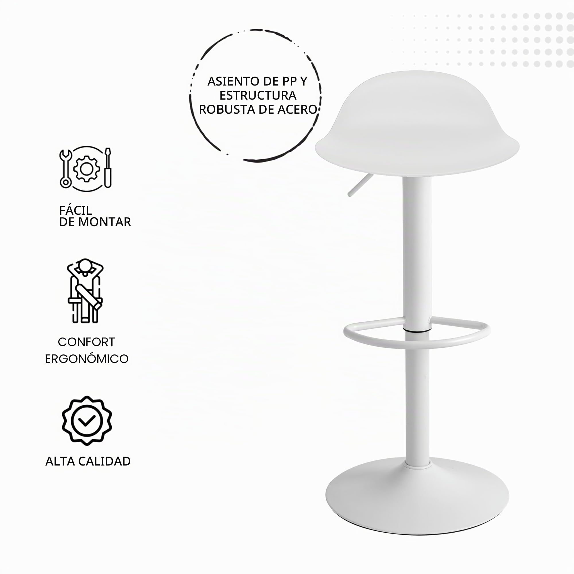 Baroni Home Juego de 2 Taburete de Bar Giratorio con Altura Ajustable, Fondo antiarañazos y reposapiés, para Cocina, Restaurante y Bar, Ligero y fácil Montaje, 41x40x64-86 cm, 2 Unidades, Blanco