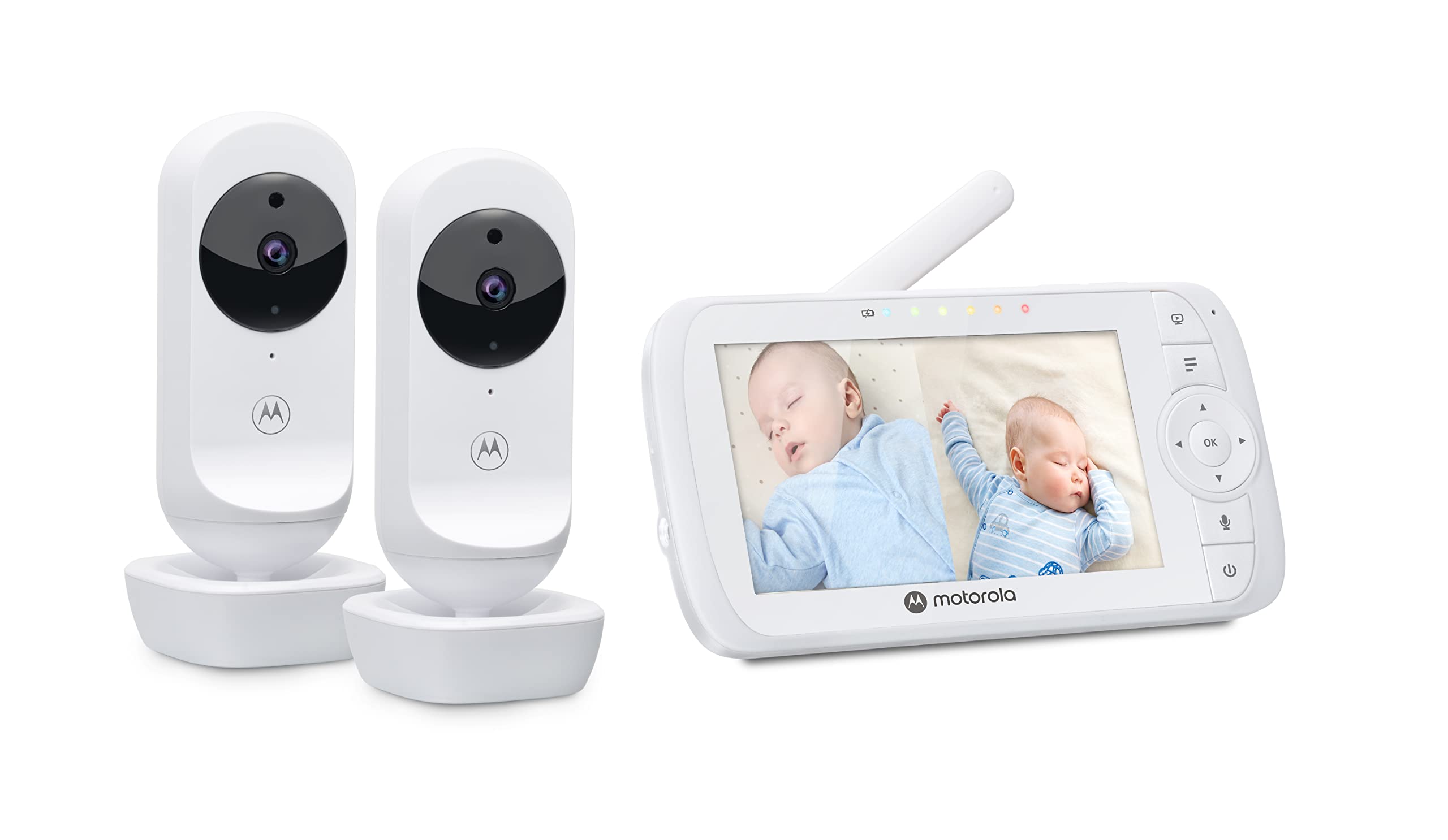 Motorola Nursery VM35-2/Ease 35-2 Baby Monitor con 2 Telecamere, Schermo da 5.0 pollici, Display a schermo diviso, Visione Notturna, Comunicazione Bidirezionale, Monitoraggio Temperatura, Bianco