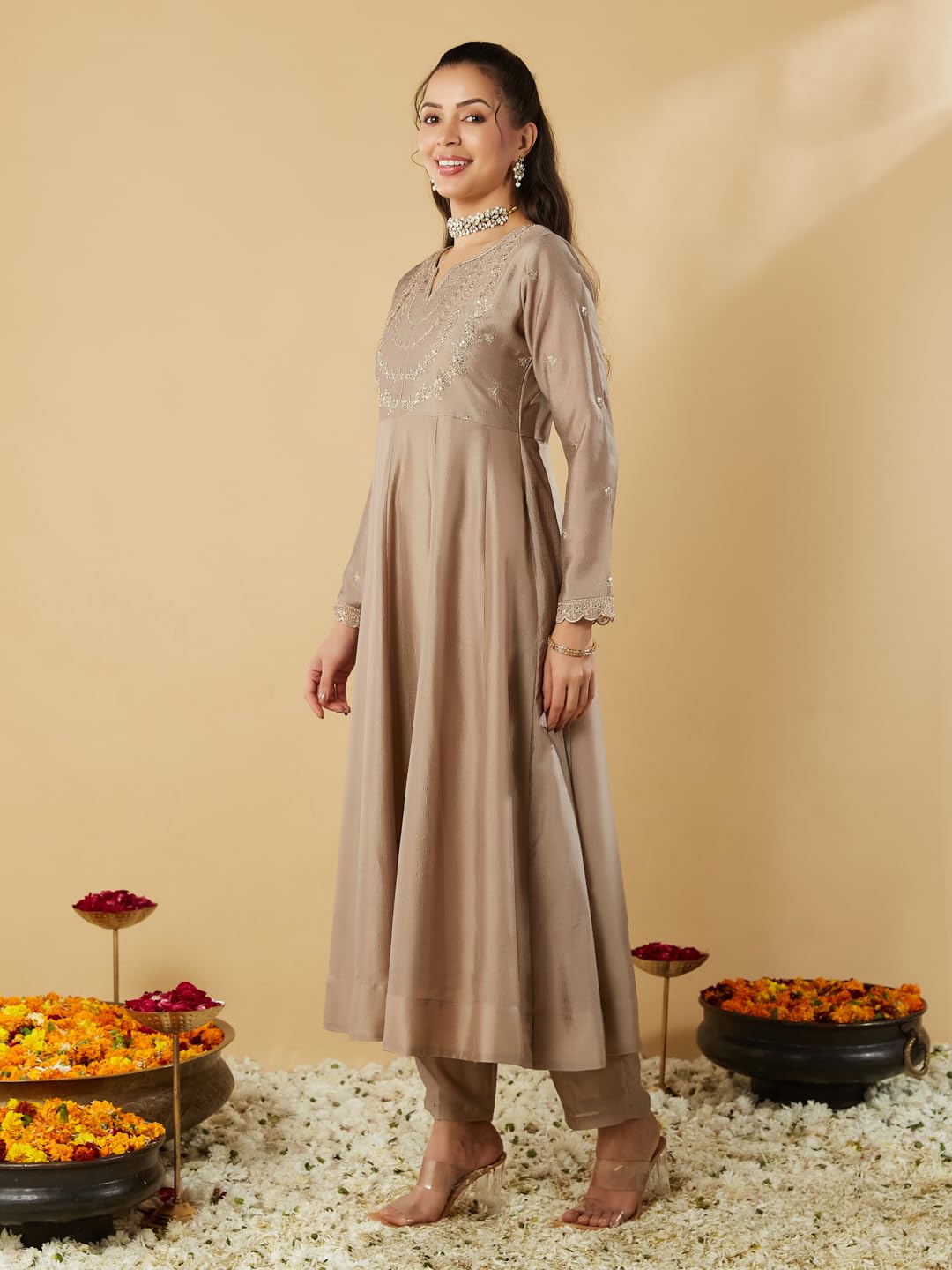 MOKOSH Women's Silk Embroidered Brown Anarkali Set (444-04-S) - Image 3 thumbnail
