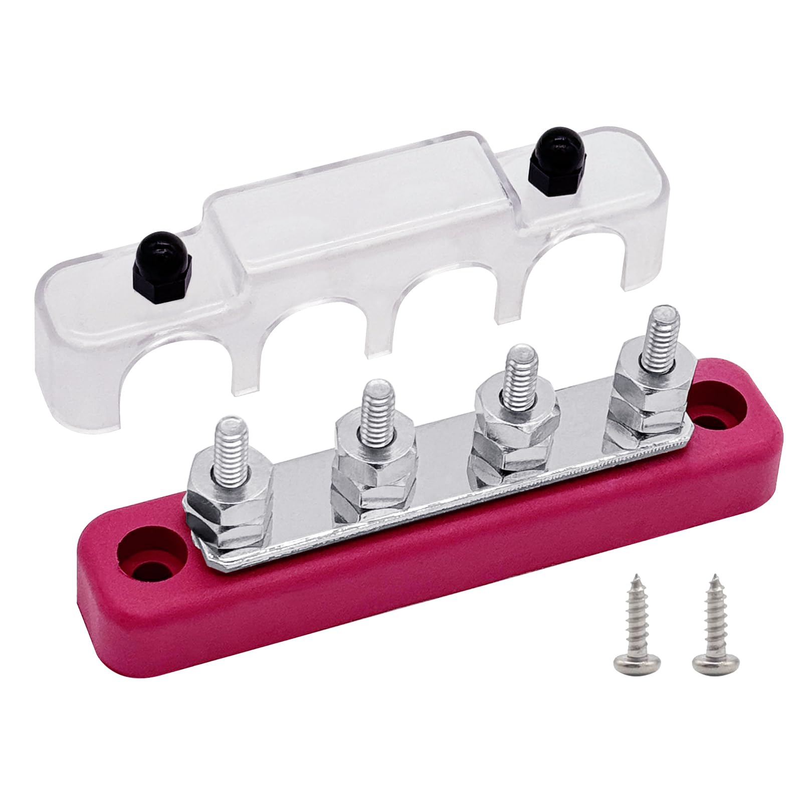 Ampper 4 x #10 (M5) Studs Bus Bar, 4.2" Power Distribution Block Brass Battery BusBar Junction with Cover for Auto Boat Amplifier and More (Red)