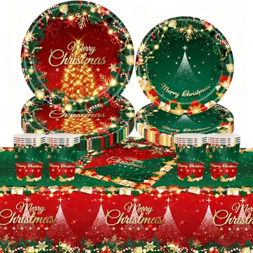 Set De Vajilla Desechable Para 16 Personas Navidad- Platos, Vasos, Servilletas y Para Mantel | Menaje De Fiesta Para Cena Navideña y Eventos