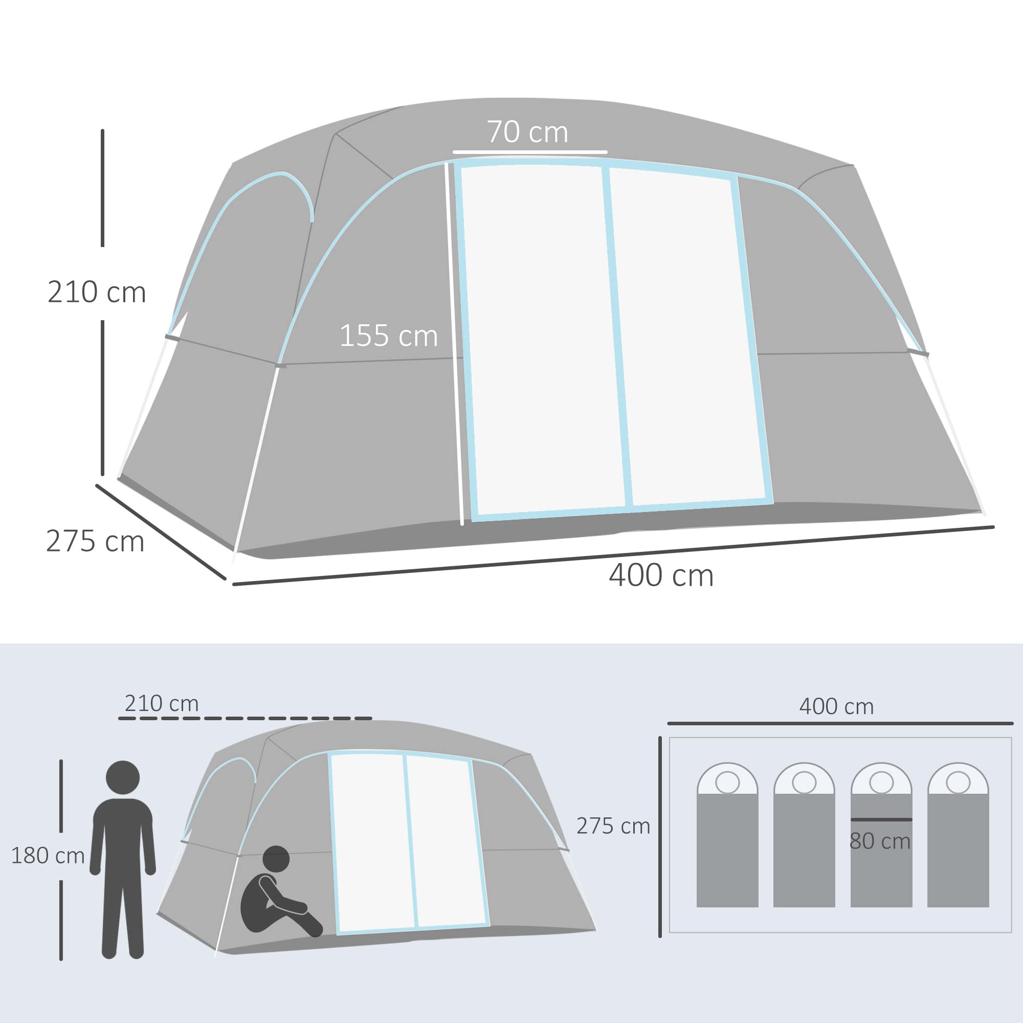 Outsunny Tenda da Campeggio 4 Persone con 2 Stanze e Finestre a Rete, Tenda a Casetta Anti UV e Impermeabile, 400x275x210 cm, Grigia