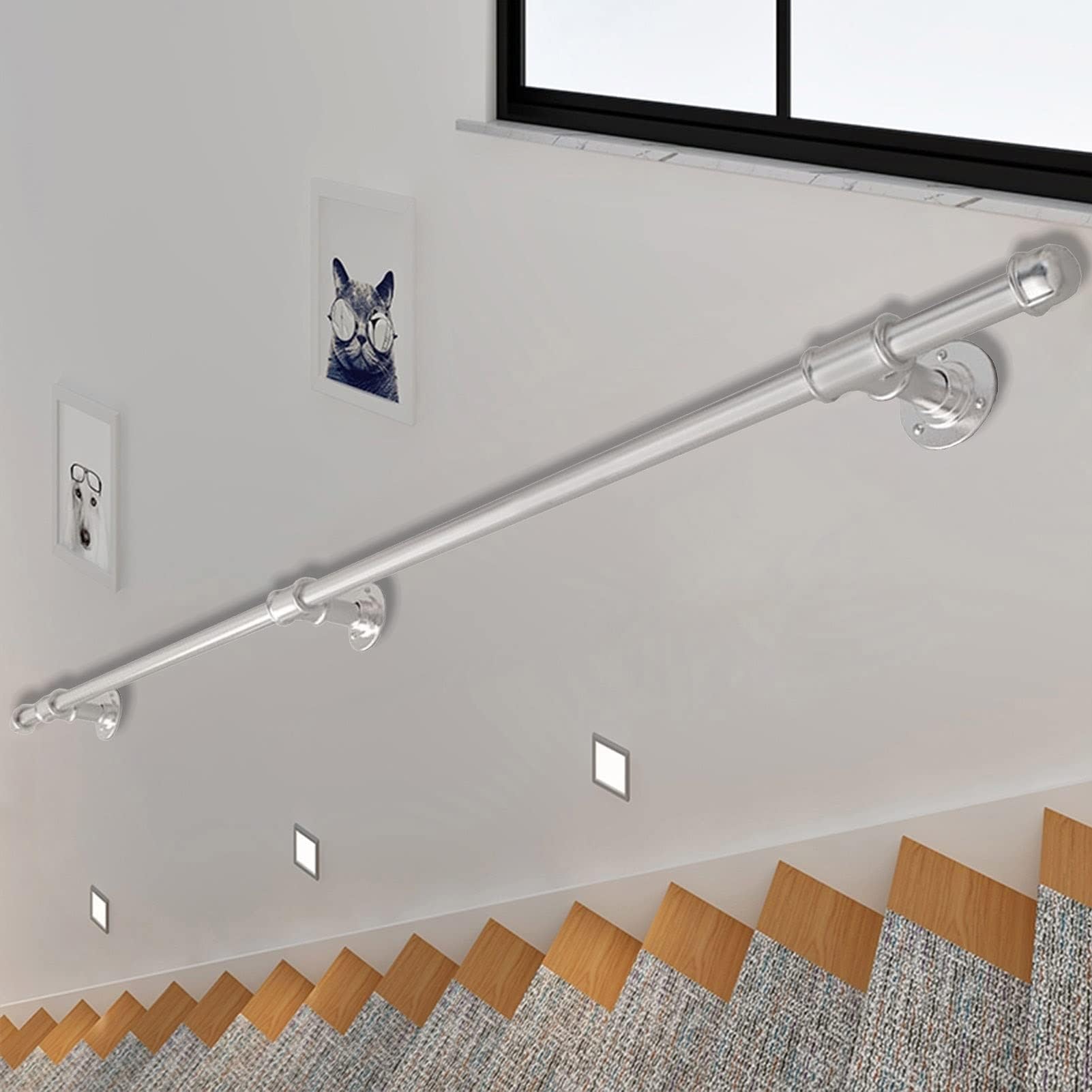 Wall Handrails Wrought Iron Stair Hand Rails, Silver Galvanized Pipe Mount Industrial Grab Bar for Indoor Outdoor Steps(5ft/1.5m)
