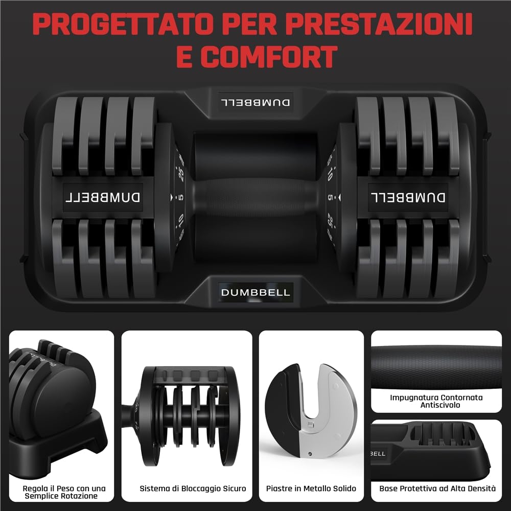 Yaheetech Manubri Regolabili 5 Pesi in 1 con Doppio Blocco di Sicurezza, Design Ergonomico e Salvaspazio, Ideali per Allenamento Casa Palestra e Fitness Nero