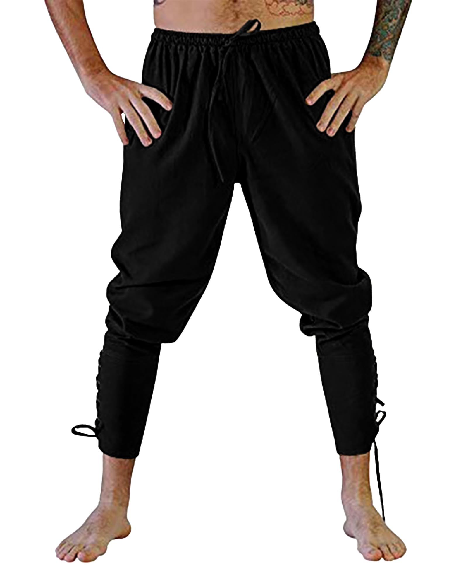 YAOHUOLE Wikinger Hose Herren Mittelalter Herren Renaissance Hose Schnürhose Herren Mittelalter Loose Fit Schwarz M, MCU00018-BKM-&3FBA
