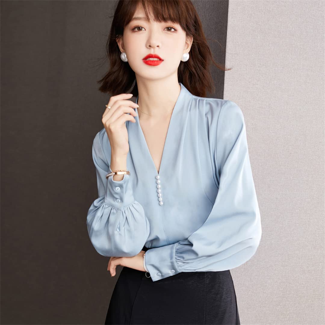 Chemise à Manches Longues à col en V pour Femmes Printemps Casual Blouse de Travail de Bureau en Vrac Chemises en Mousseline de Soie plissée perlée