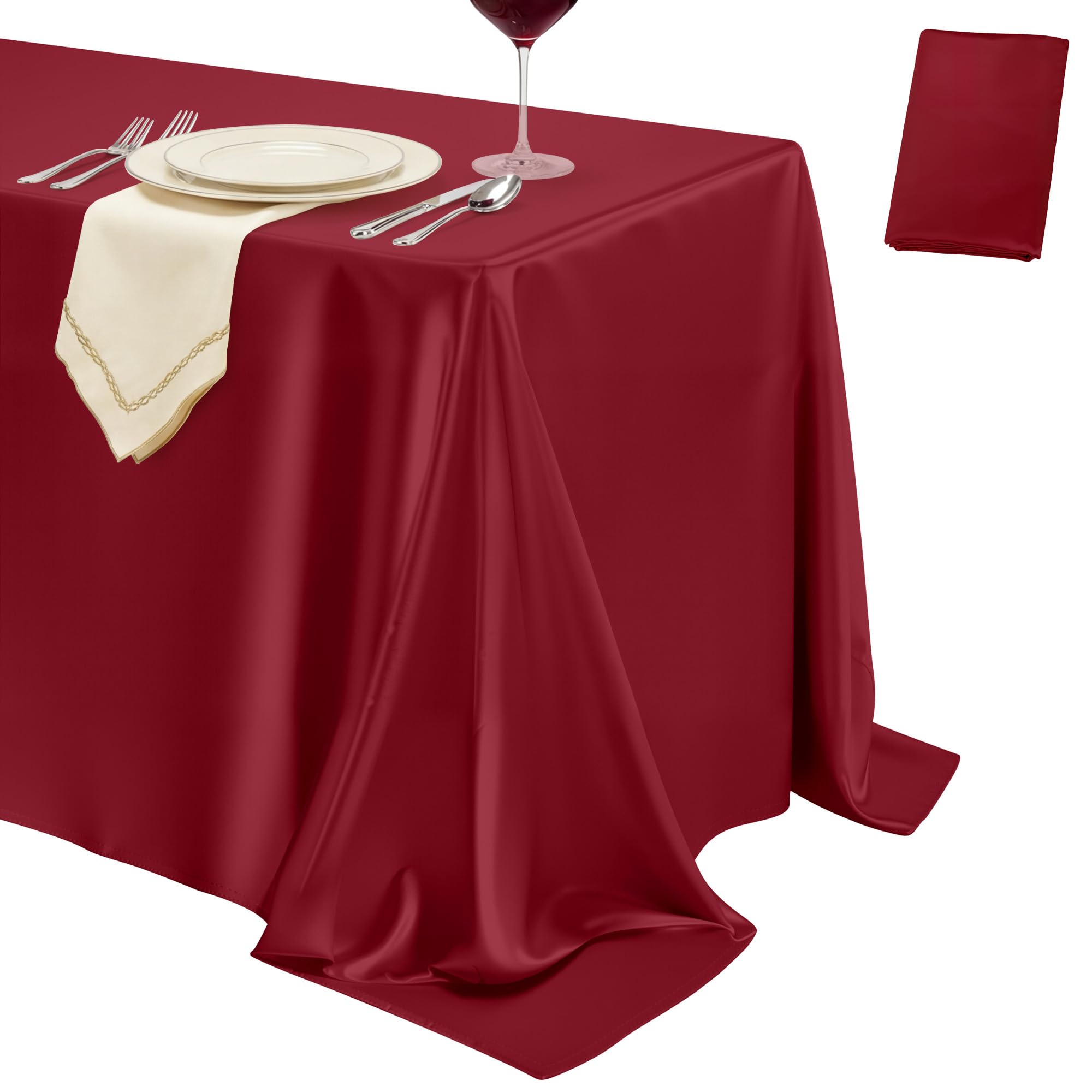 View 1 of 1 Pack Burgundy Satin Tablecloth 58 x 102 Inch Overlay Seamless Design