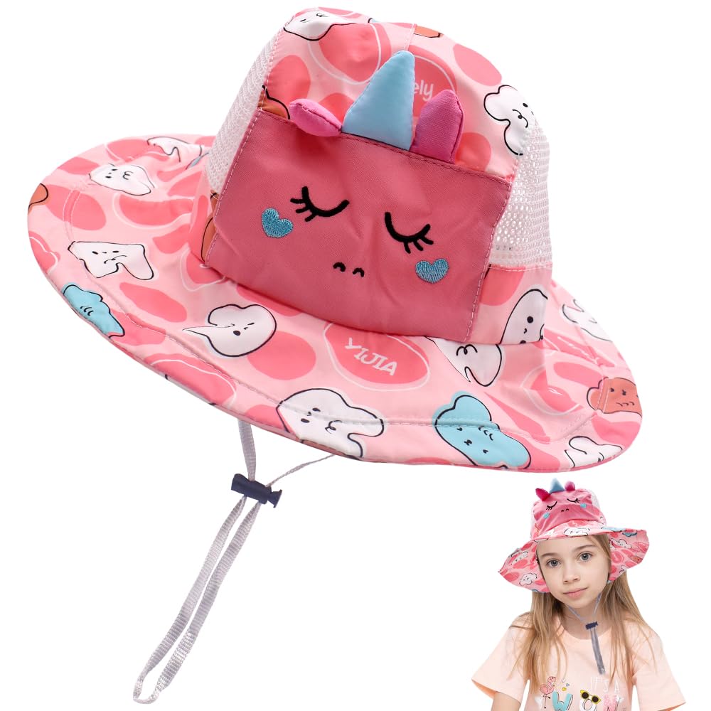 OFKAFEZV Sombrero De Sol De Unicornio, Sombrero De Playa para Niños, Gorro De Verano para Niña, Protección UV, Gorro De Unicornio, Gorro con ala Ancha y Cintas Ajustables para Niños De 2 a 8 Años