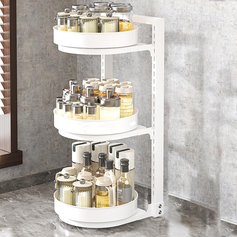 Lazy Susan Organizer a 2 ripiani – Portaspezie girevole in metallo regolabile da 25 cm per armadietto, dispensa, cucina, piano di lavoro, tavolo da pranzo, armadietto, bagno, vanità,Bianca,3 Tier