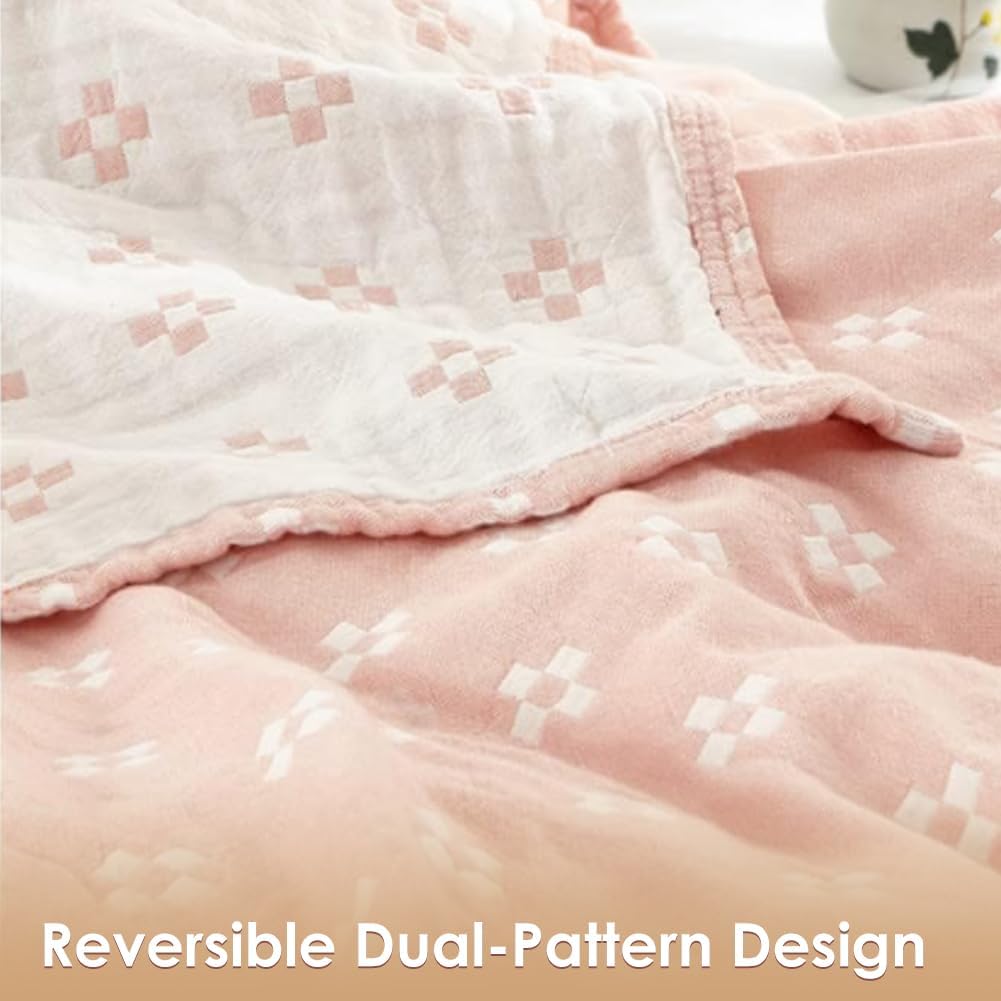 2 Layer Cozy Lightweight Muslin 100% Cotton Blanket for Bed, Couch & Sofa, Summer Bedding Coverlet with Pattern,Pink,Queen 78''x90'' - Image 3