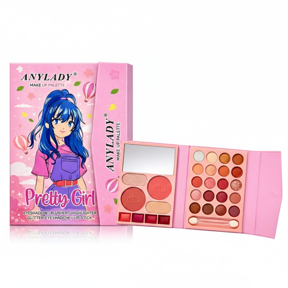 All In One Makeup Book Kit Palette | 20 Eyeshadow, 2 Highlighter, 4 Blusher, 4 Lip Shades with Mini Brush & Mirror (Mini Book Light Pink)-image-24