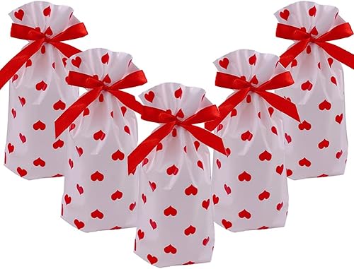 Enjonar 24 bolsas de golosinas, bolsas de regalo de fiesta, bolsa de regalo de plástico con cordón de amor, bolsa de corazón rojo, paquete de