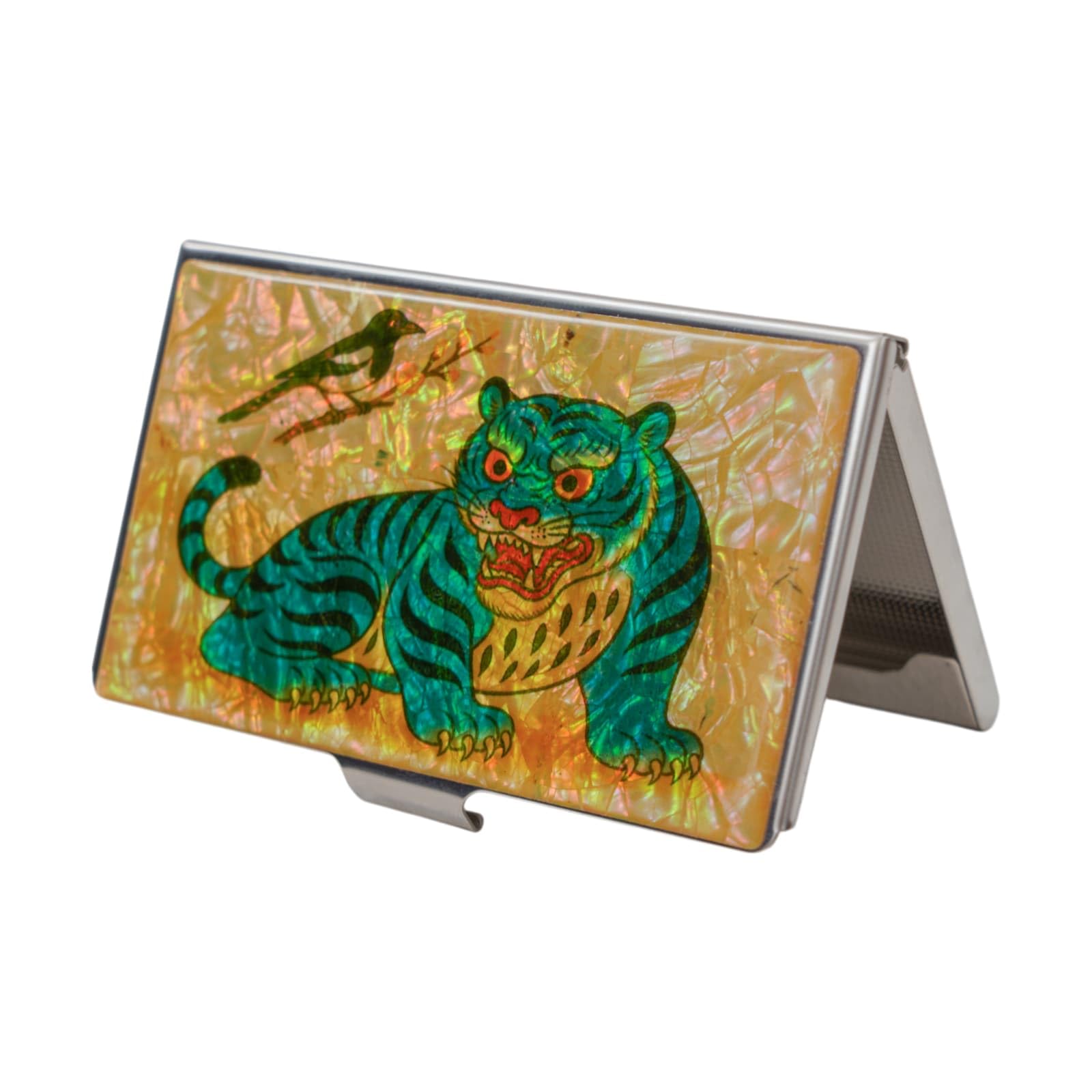 February Mountain Mother of Pearl Business Card Case - Korea Traditional Gifts, Slim Metal Holder for Business &amp; Credit Cards, Pocket-Sized Purse Wallet (Blue Tiger &amp; Magpie)