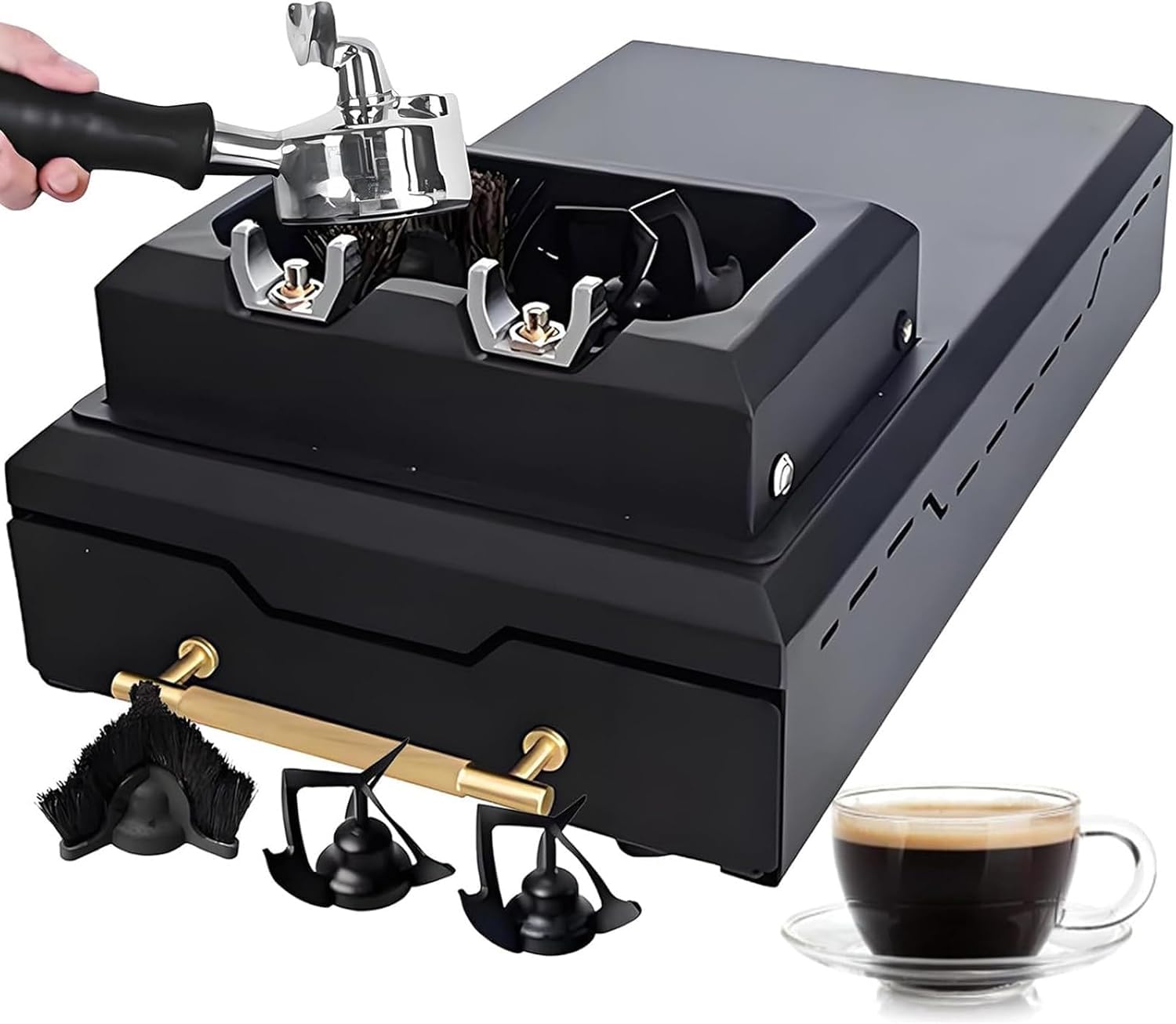 Pulitore automatico per portafiltro con raschietti e spazzola, design smontabile per uso domestico o in bar.