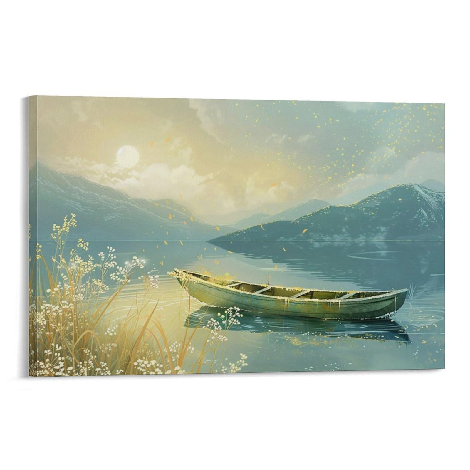 油彩画 風景（川とボート） 金色フレーム QW4454 Amazon.co.jp: 絵画 ボートは山の川の岸辺に止まっていますインテリア