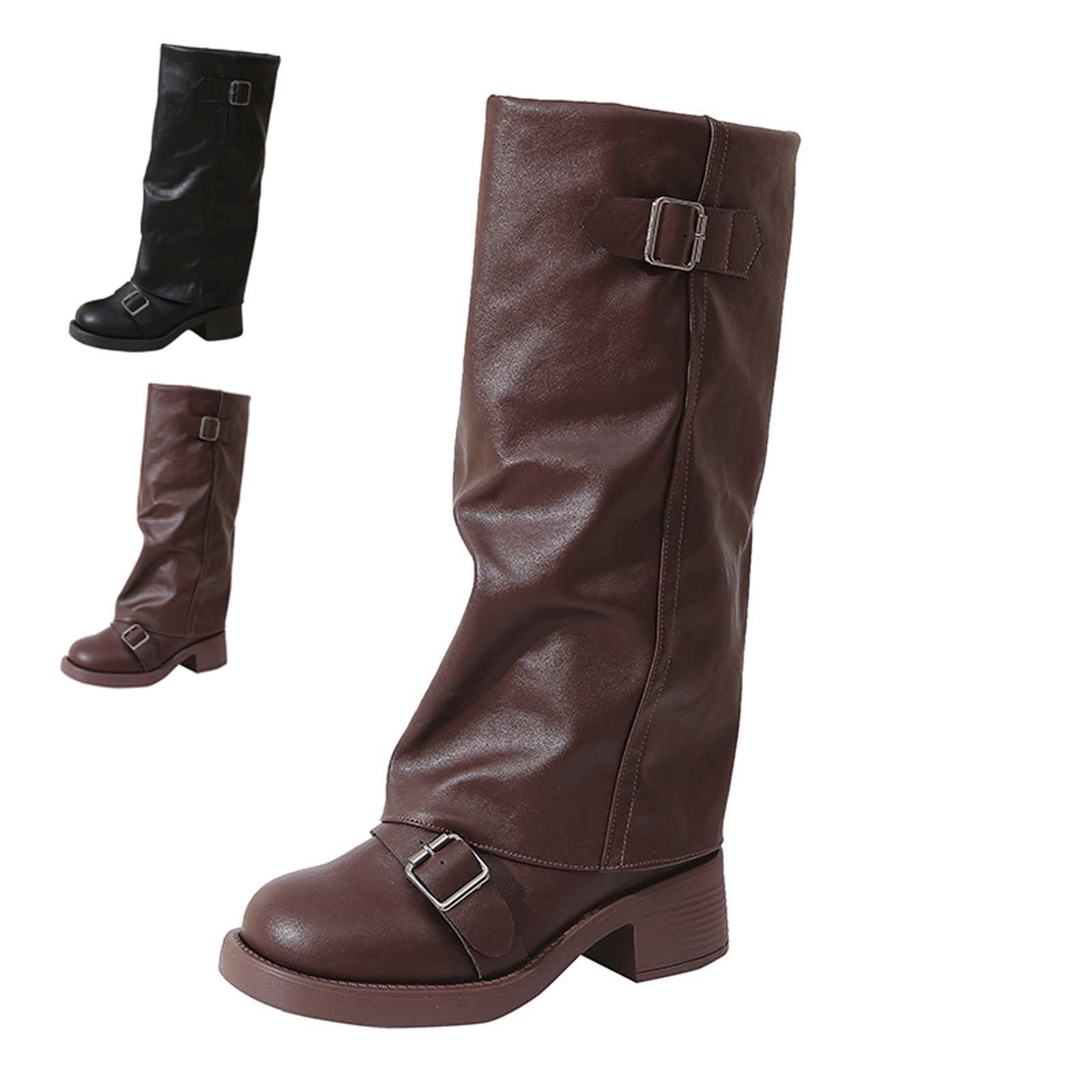 Womens Knee High Boots Slouchy Fold Over Boot with Buckles Chunky Heel Round Toe Wide Calf Comfy Boots