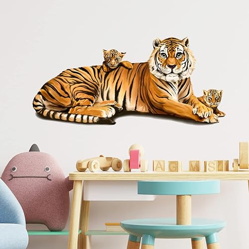 Miniatura 1 de Calcomanía de pared con diseño de tigre y cachorros, diseño de animales de la selva, extraíble, impermeable, para decoración de pared, para niños,