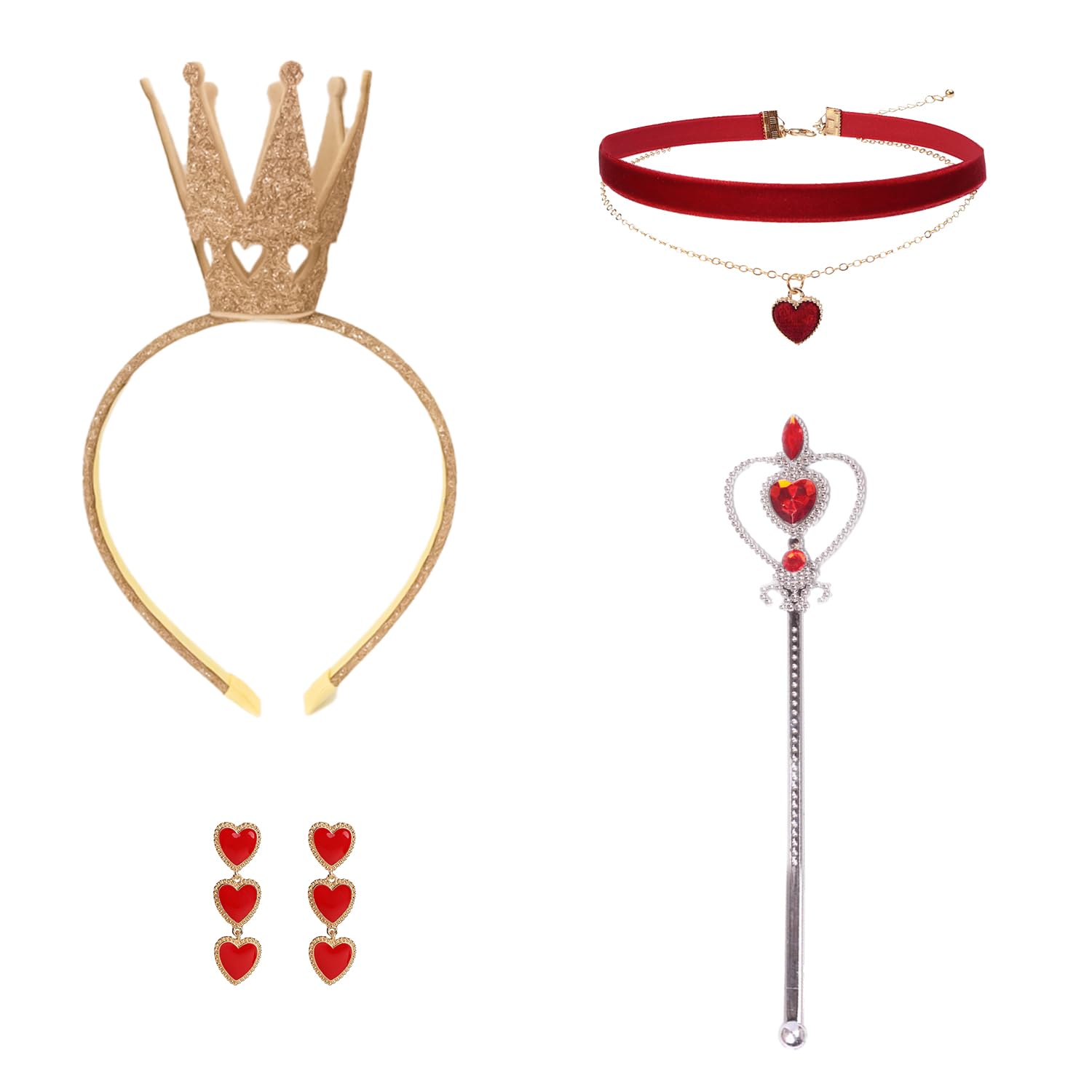 XNHIU 4pcs Halloween Queen Costume Gold Crown Headband Wand Red Choker Heart Dangle Earrings Women Halloween Party Dress Up for Girls