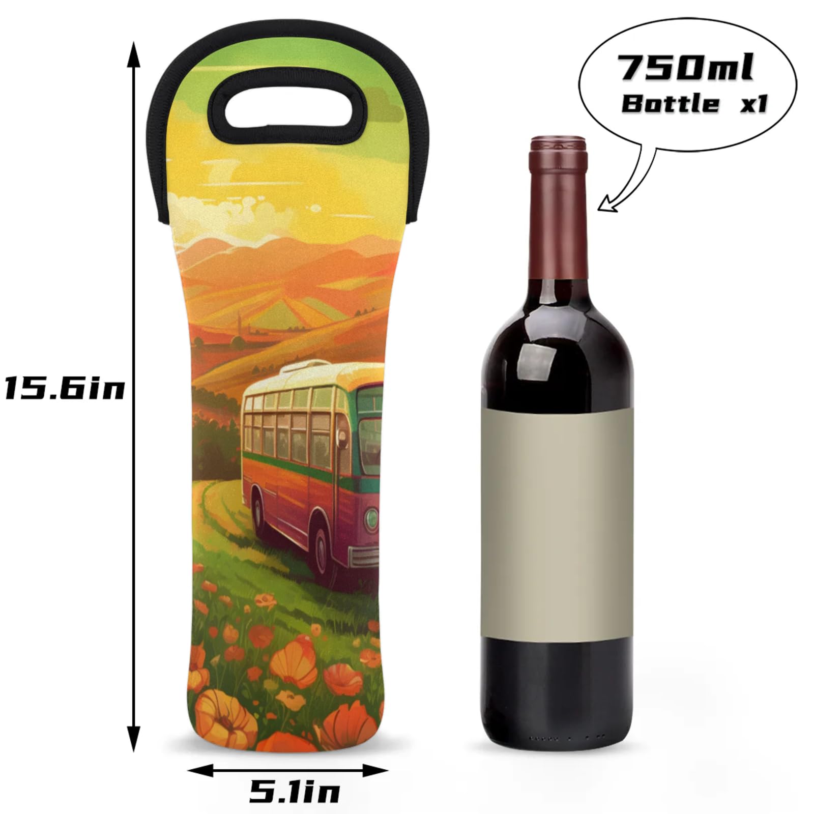 Neoprene Wine Tote Carrier Bag for Wine,Water, Champagne, Beer, Baby Bottles 15.6 x 5.1 Inches, Protective Wine Bag,Bus in Field