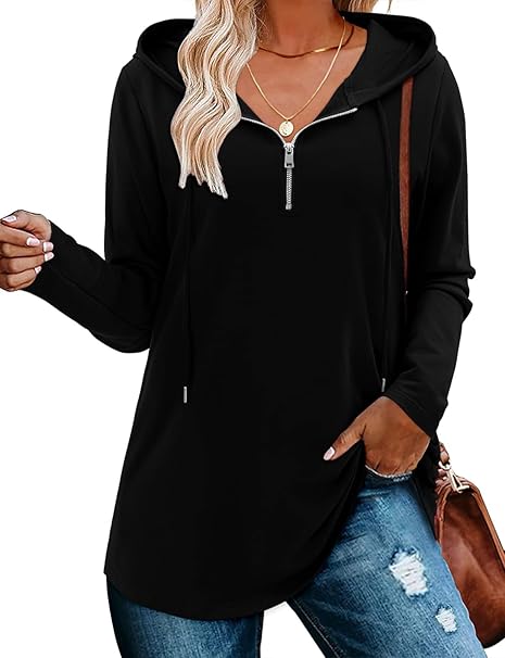 BETTE BOUTIK Womens Quarter Zip Tunic Hoodies Pullover Long Hooded Sweatshirts S-3XL
