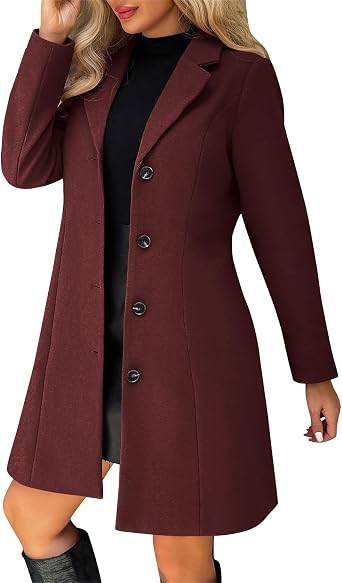 Womens Pea Coats Notched Lapel Single Breasted Woolen Coat Mid Length Trench Coat Warm Overcoat Fall Winter Jacket