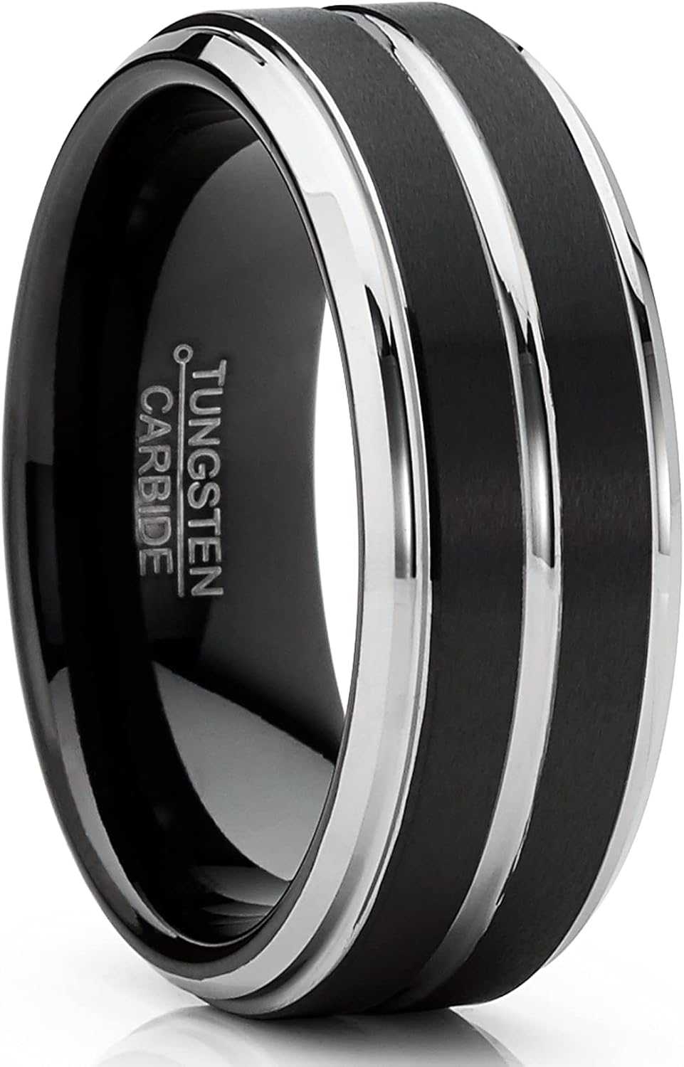 Metal Masters Men Tungsten Two-Tone Wedding Band Grooved Ring 8MM Black Goldtone Silvertone