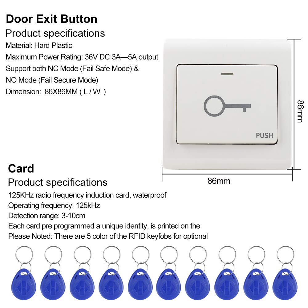 KDL Komplettes RFID-Zugangskontrollsystem Tastatur für Fingerabdruck-Zugangskontrolle, DC12V/3A-Netzteil, Elektrisches Riegelschloss mit Schaltertaste 125kHz Schlüsselanhänger für alle Arten von Türen