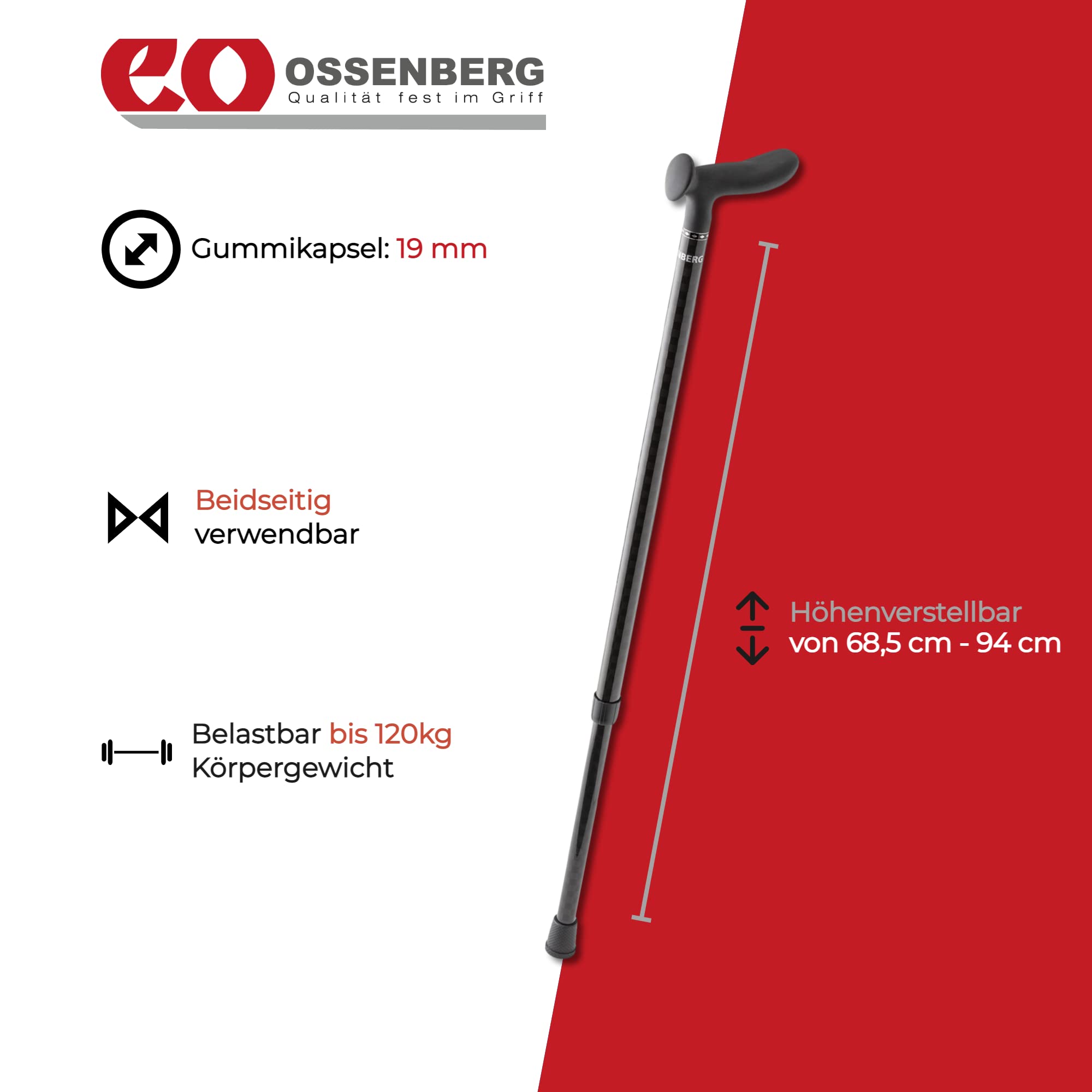 Ossenberg Carbonstock in Schachbrett Muster - schwarz glänzend - mit Cosy Griff - Verstellbarer Carbon Wanderstock - Gehhilfe - Gehstock - hohe Belastbarkeit - extra leicht