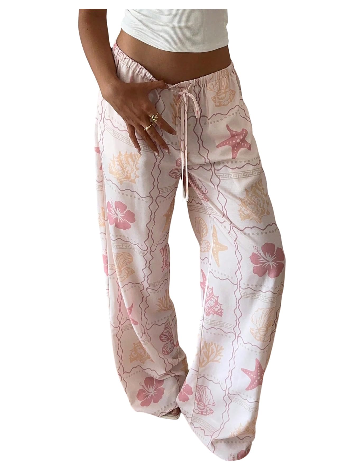 MakeMeChic Womens Floral Straight Leg Lounge Pants Drawstring Waist Trousers Loungewear
