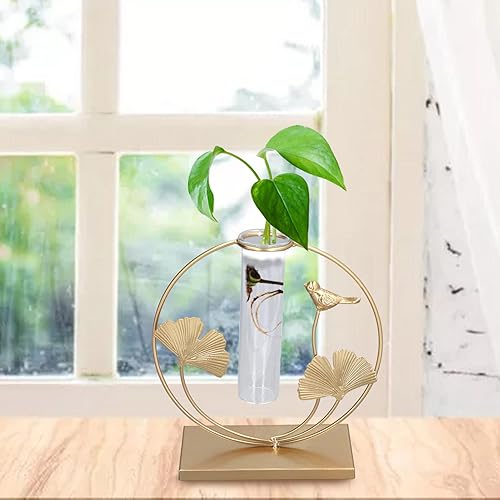 Terrario para plantas con soporte de metal, maceta de vidrio de escritorio, jarrón hidropónico, jarrón de vidrio con soporte de metal para