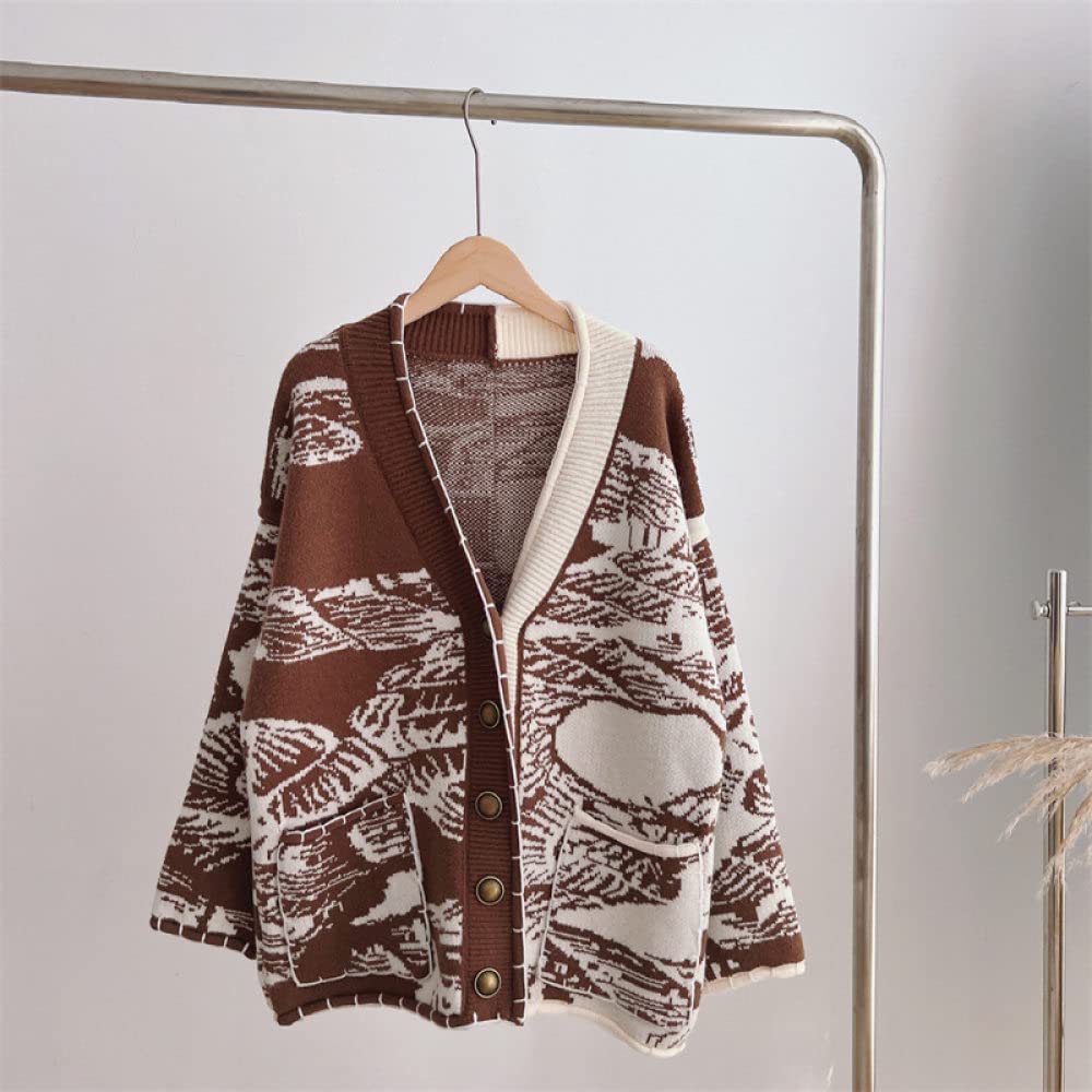 Chaqueta Mujer,Suéteres De Mujer Cárdigans De Punto Abrigo Moda Chic Marrón Graffiti Jacquard Botón De Cárdigan Con Cuello En V Manga Larga Cárdigan Con Frente Abierto Chaqueta De Abrigo De Pu