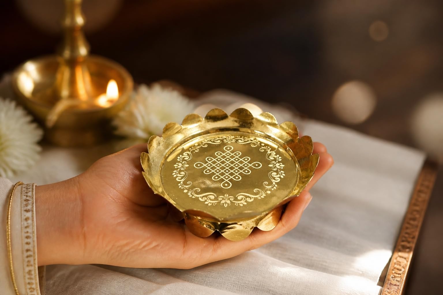 Gold Brass Puja Thali with Kolam Engraving, Lotus Edge 4 inch | Traditional Rangoli Design, Scalloped Border, Pooja Ritual Use, Polished Finish, Festive Decor-image-8