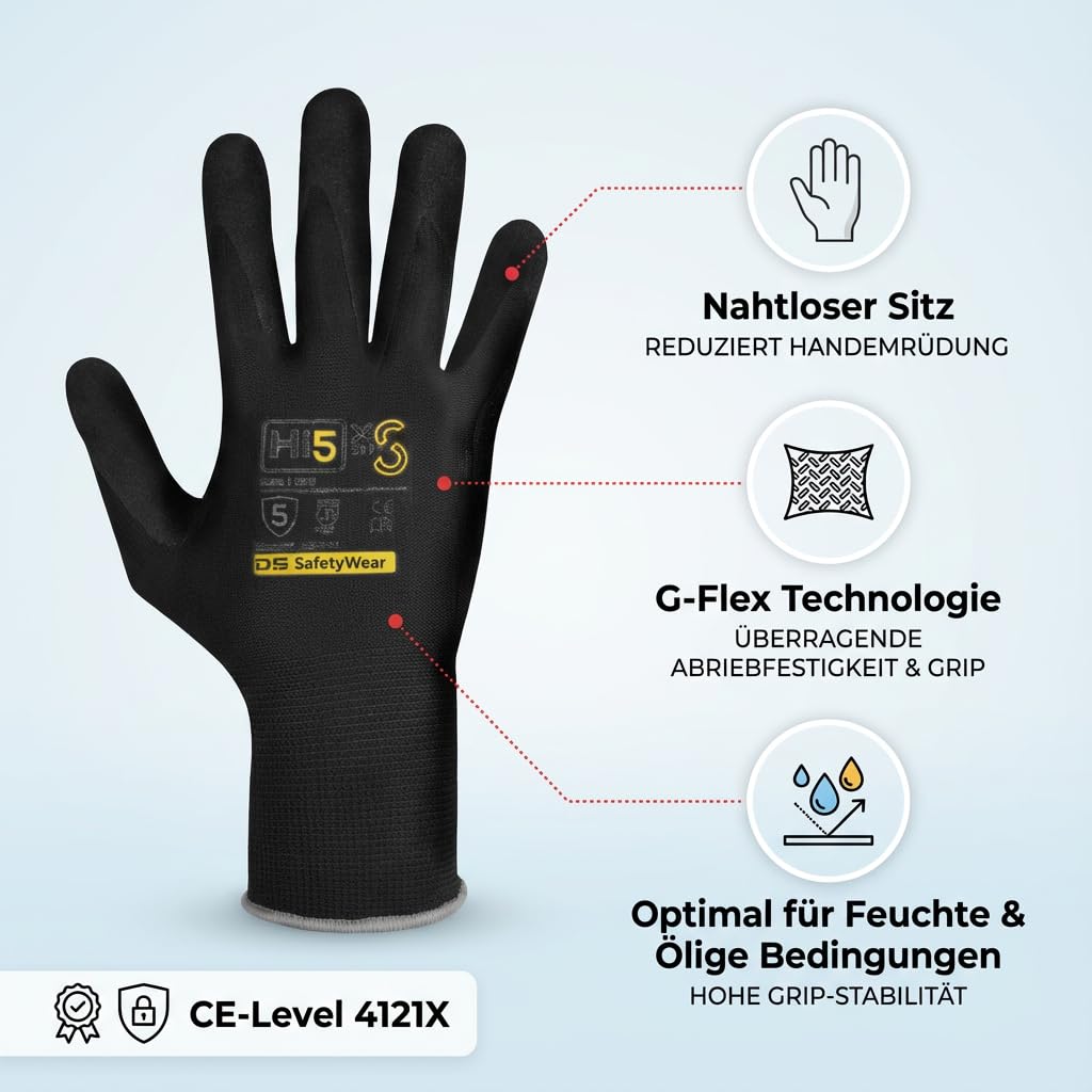 Hi5 X-Super S Arbeitshandschuhe 4121X – 13G Polyester – sandig-raue Nitrilbeschichtung – hoher Nass- & Öl-Grip – EN 388 – schwarz (L, 120, stück)