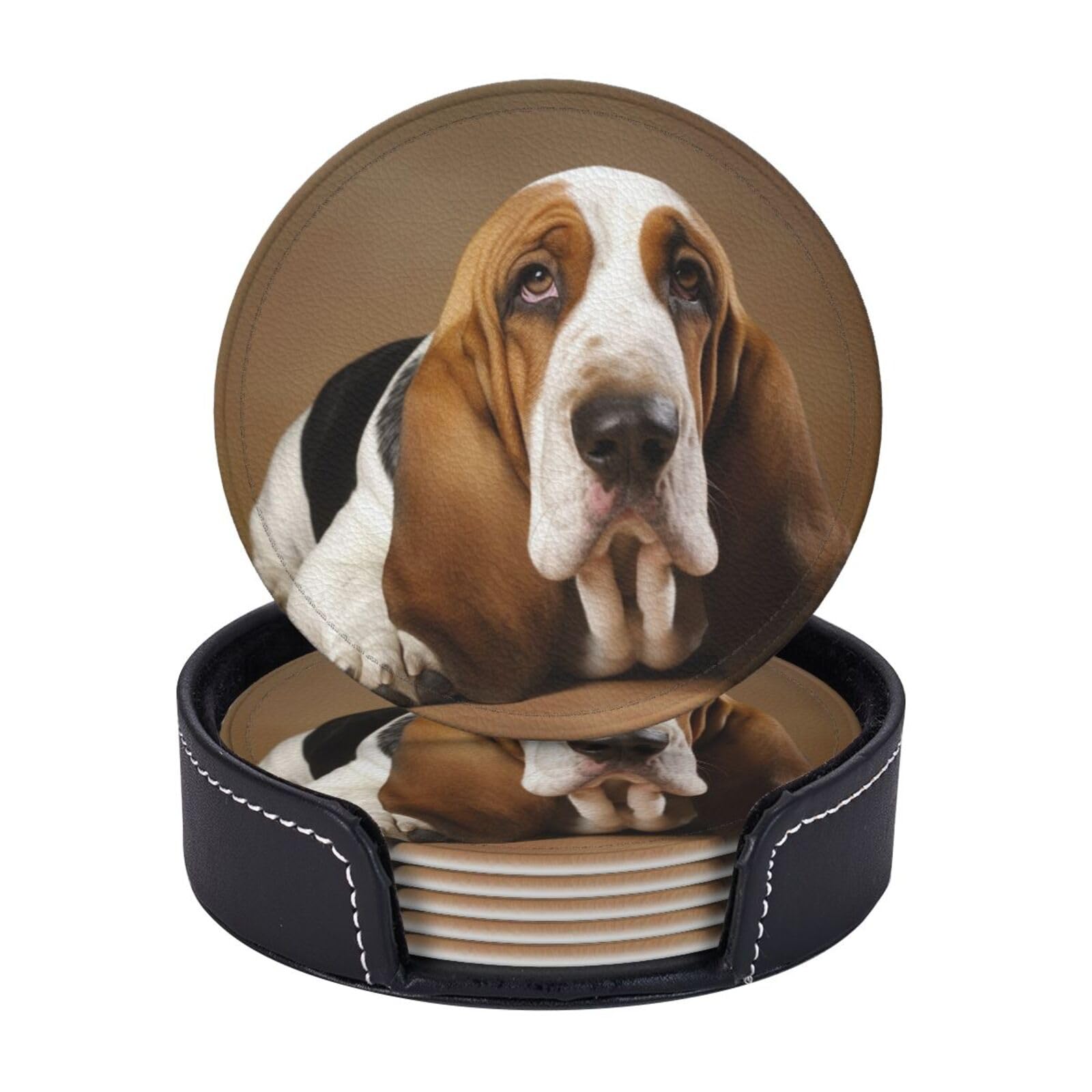 Round Coasters for Drinks Set of 6 - PU Leather Coasters with Holder - Modern Drink Coasters for Coffee Table - Basset Hound Coaster for Tabletop Protection 4" Cup Mat Pad