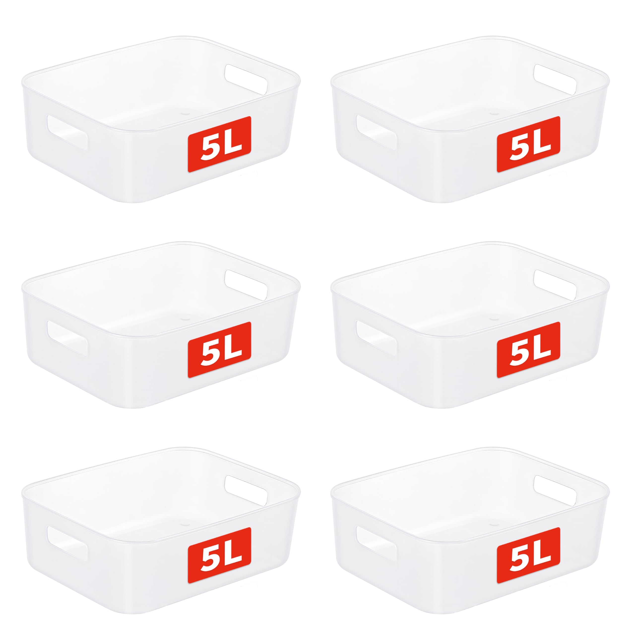 Cetomo 5L*6 Storage Basket, Plastic Open Storage Box, Containers for Shelves, Organizers with Handles for Office, Countertops, Cabinets, PP, BPA Free, Frosted Transparent, 5L-6 Pack (28.5*22*9cm)