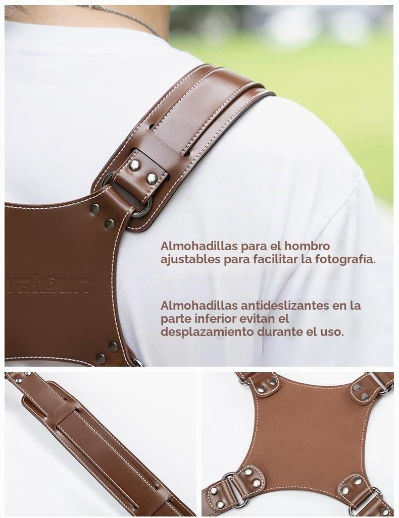 Correa Camara, Correa Camara de Fotos para Dos Cámaras, Arnés Camera Strap, Profesional Fotografica de Cuero Auténtico Ajustable, para DSLR/SLR, Marrón