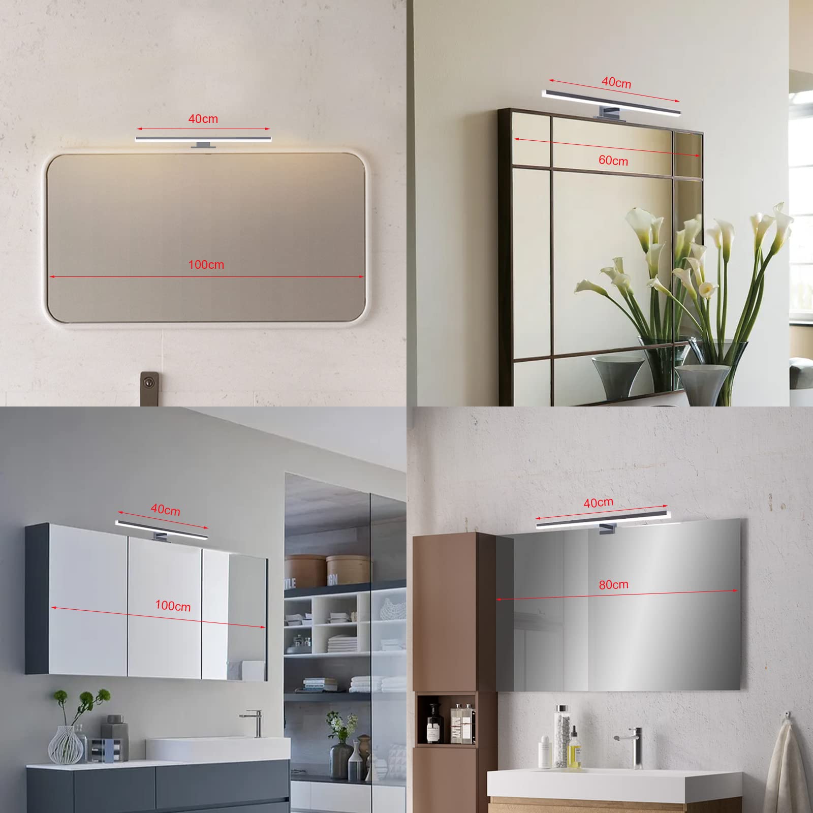 Lámpara LED de Espejo, 800lm,10w,40cm, Aplique Luz Baño Espejo, Estilo Minimalista,Lampara Baño,Blanco Natural 4000k, 230v IP44 Impermeable