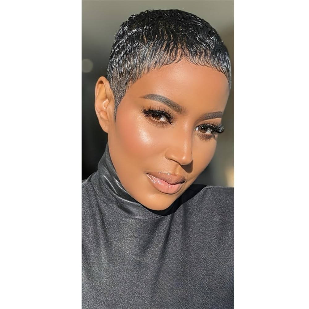6 Zoll natürliche Schwarze Echthaar-Pixie-Cut-Perücke