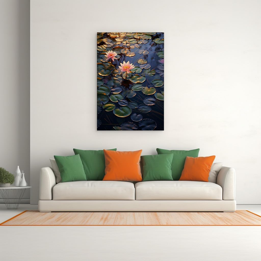 Canvas for Living room. Tranquility Unfolded: Pink Blossoms on the Serene Pond Waters, 27 x 18 inch Canvas Wall Art - Contemporary Masterpieces - Zen Wall Decor - 69x46 cm (27x18 inch)