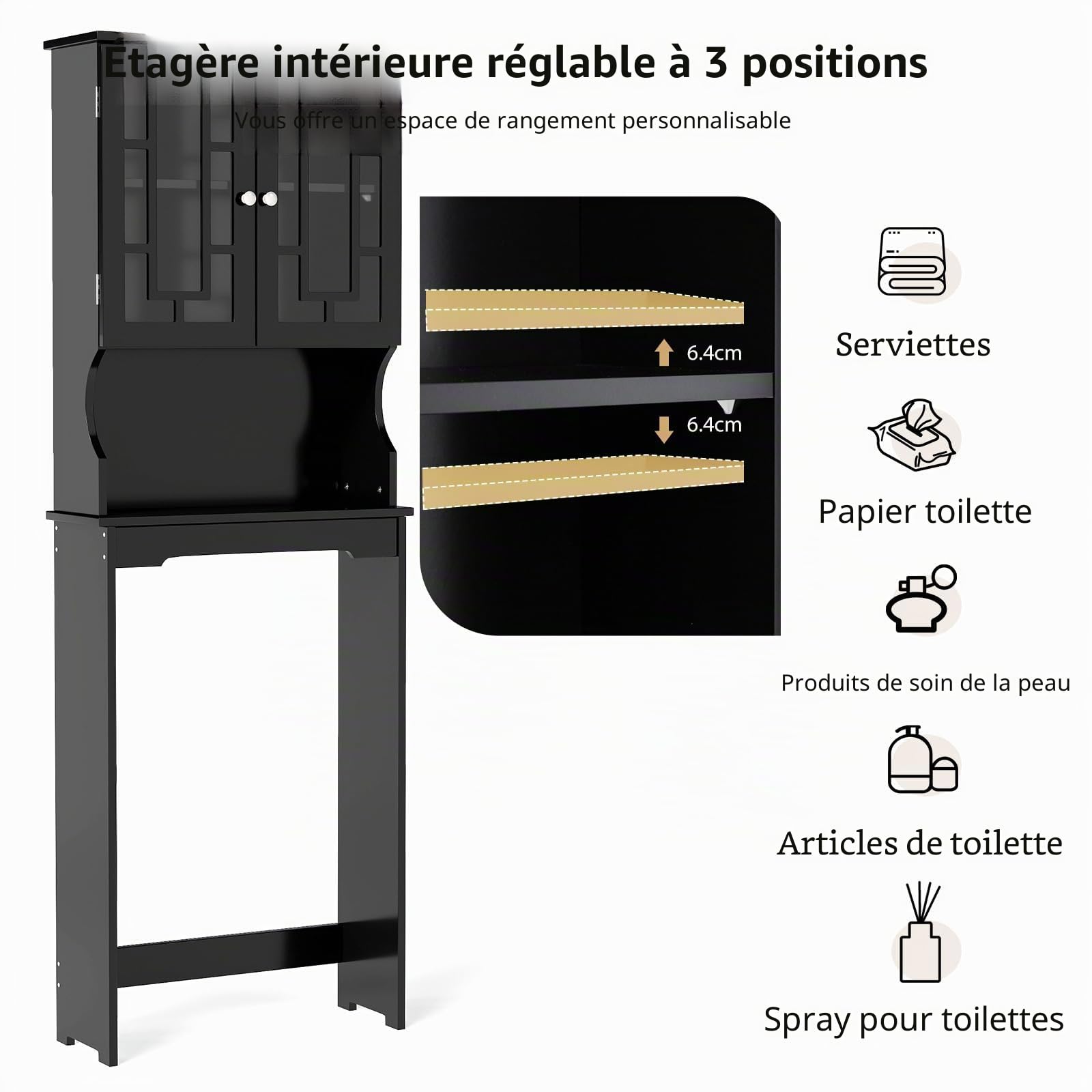 LIFEZEAL Étagère de toilettes, à 3 étages réglables en hauteur, gain de place, en bois, armoire de machine à laver, avec compartiments ouverts, 60 x 22 x 170,5 cm (noir)
