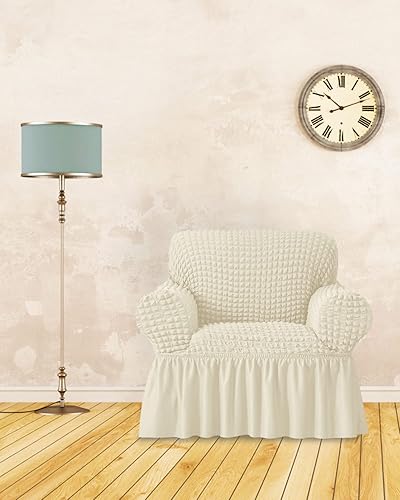 Miniatura 6 de Funda para sillón de 1 pieza con falda, duradera, lavable, de alta elasticidad, fácil ajuste, protector universal de muebles (1 plaza, beige)